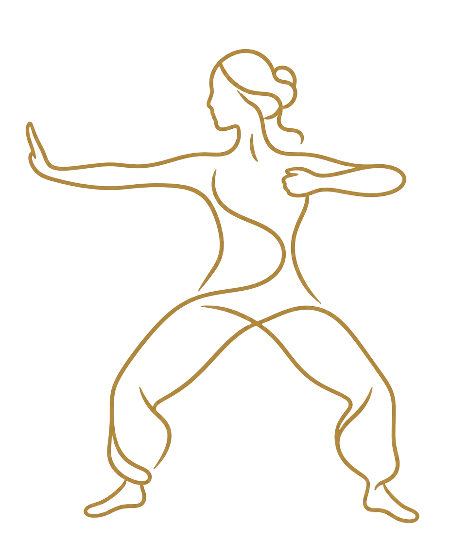 Line drawing of a woman practising a qigong form, drawing the bow